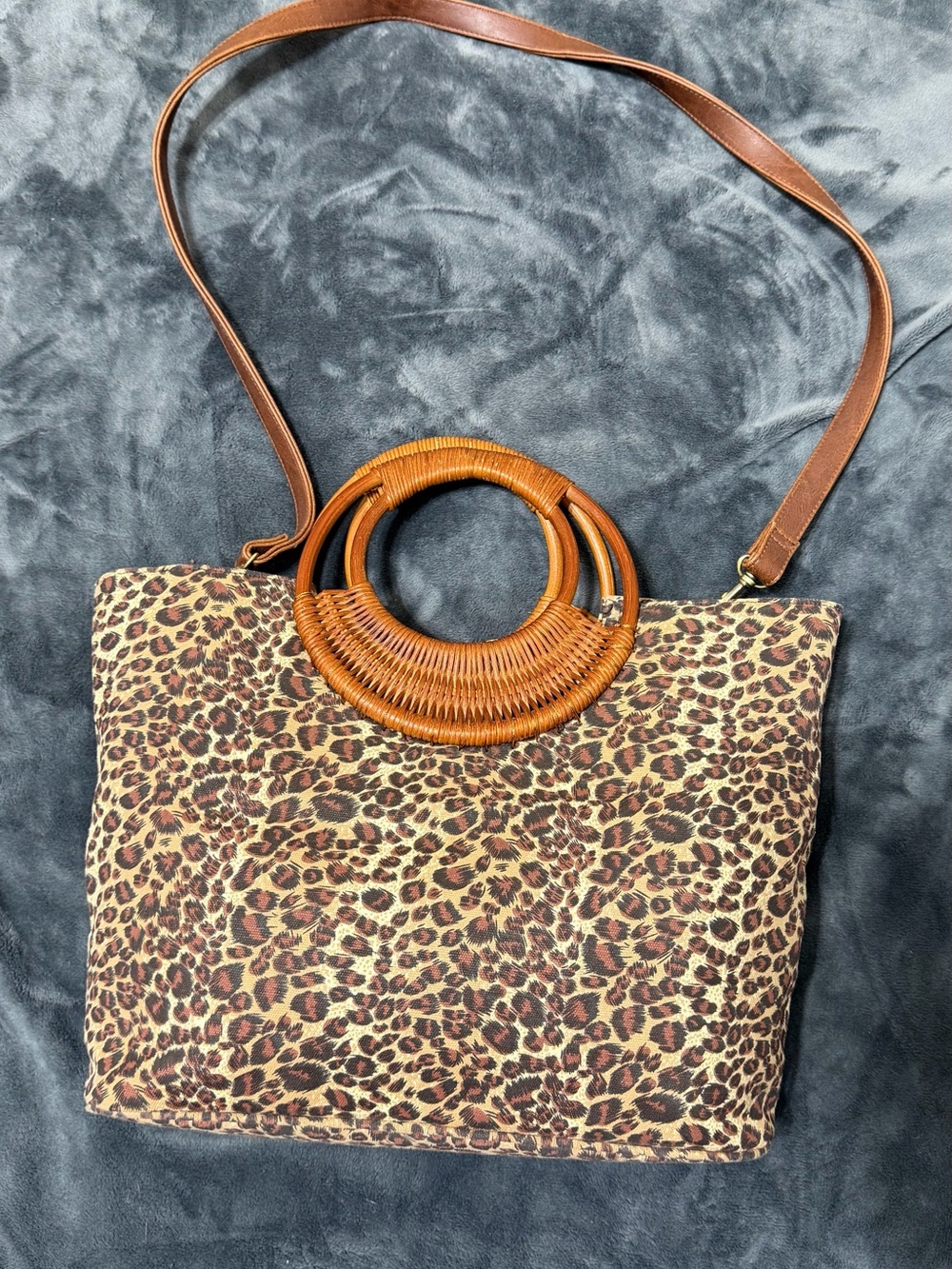 Frankie & Johnnie Leopard Print Bag with Woven Circle Handles